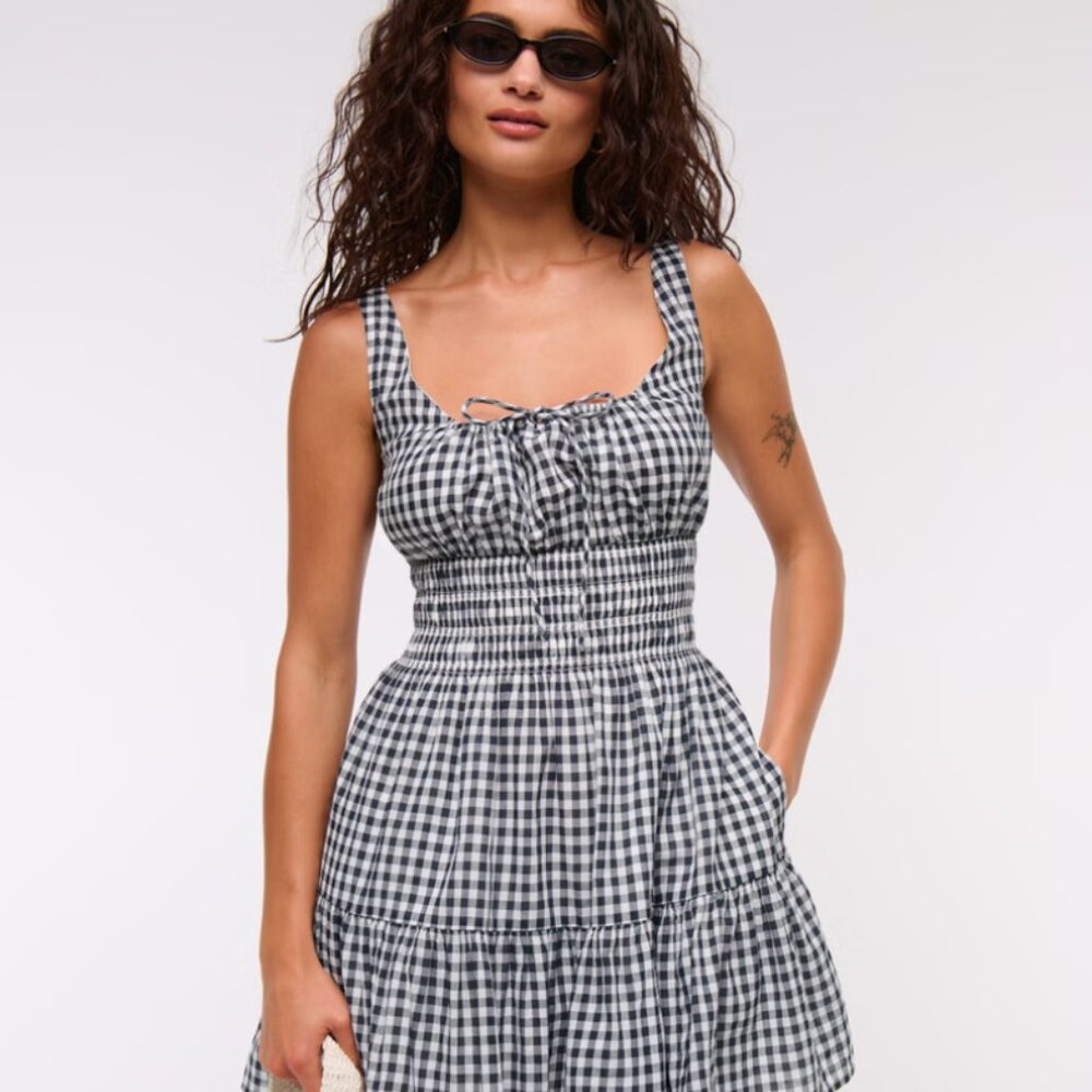 Abercrombie & Fitch Smocked Tie-Front gingham Mini Dress